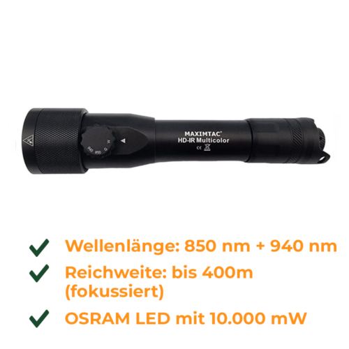 HD-IR Multicolor Taschenlampe für Nachtsichtgeräte - 850nm + 940nm, fokussierbar + dimmbar